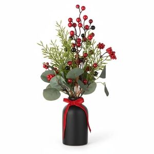 NWT Ashland Premade Red Berry & Greenery In Black Ceramic Vase!!